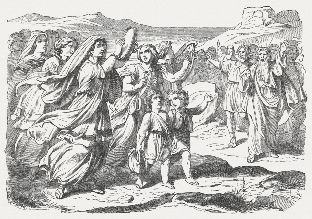 Miriam's song of praise (Exodus 15), wood engraving, published 1877
